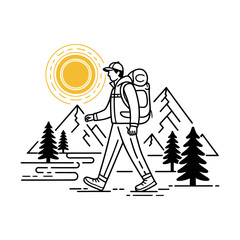 Hiking Man Walking in Mountain Landscape Line Art Illustration