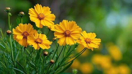 Fototapeta premium Bright yellow Coreopsis flowers sway gently in the summer sun, lighting up the garden with cheerful blooms. 