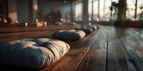Tranquil yoga studio from a low angle, focusing on meditation cushions on a wooden floor. Soft, diffused sunlight creates a warm, peaceful glow.