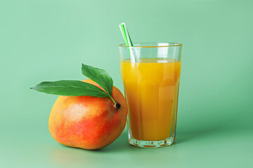 Tasty mango juice in glass and fresh fruit on green background
