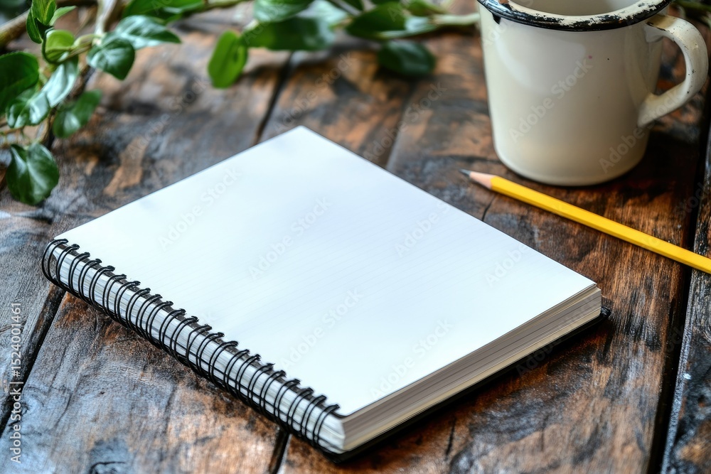 Poster open notebook on a spring with a white paper for notes and drawing near a pencil and a cup