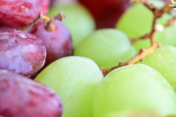 Fresh grapes in a ceramic bowl on a rustic wooden table.