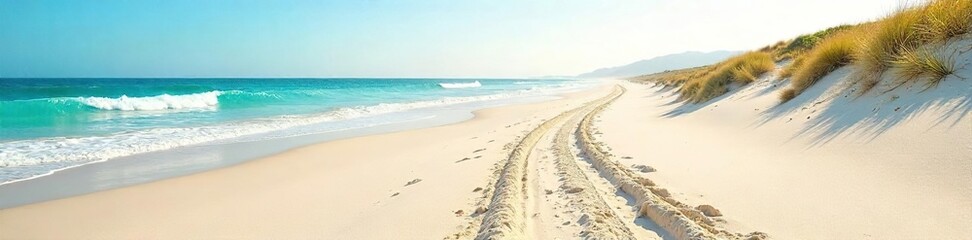 Tire tracks leading to a pristine beach, undisturbed sand, ocean waves, tranquil scene, summer vacation, coastal escape , beach, footprints