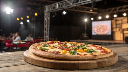 Authentic Italian Wood-Fired Margherita Pizza on Wooden Plate at Pizza Making Competition with Chefs and Judges in Background