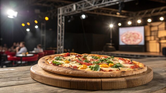 Authentic Italian Wood-Fired Margherita Pizza on Wooden Plate at Pizza Making Competition with Chefs and Judges in Background - Powered by Adobe