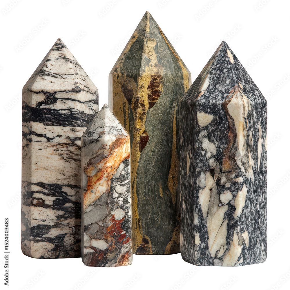 Poster a collection of unique geometric stone sculptures displaying natural patterns and colors in varying 