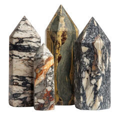 A Collection of Unique Geometric Stone Sculptures Displaying Natural Patterns and Colors in Varying Heights and Textures for Decorative Purposes