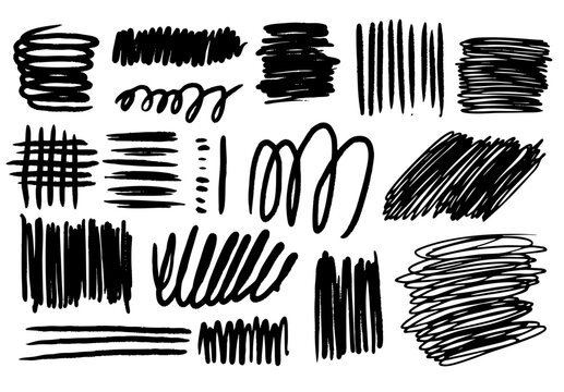 Hand-Drawn Scribble Collection: A Set of Black Ink Marks, Cross-Hatching, and Messy Textures on a White Background for Artistic Graphic Design Elements