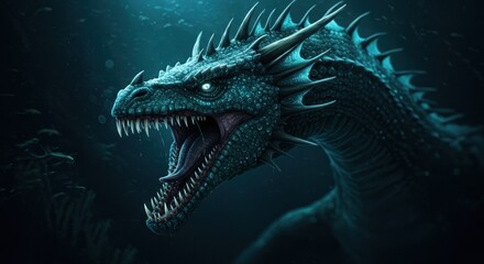 Ominous underwater dragon with menacing gaze