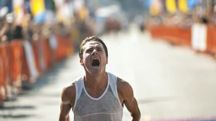 Triumphant Athlete at Finish Line: A determined athlete screams in triumph as he crosses the finish line, embodying the essence of grit, determination, and the exhilaration of victory.