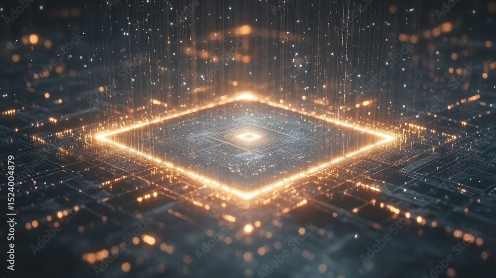 Poster digital circuit board with glowing central chip, futuristic background, technology concept, possible