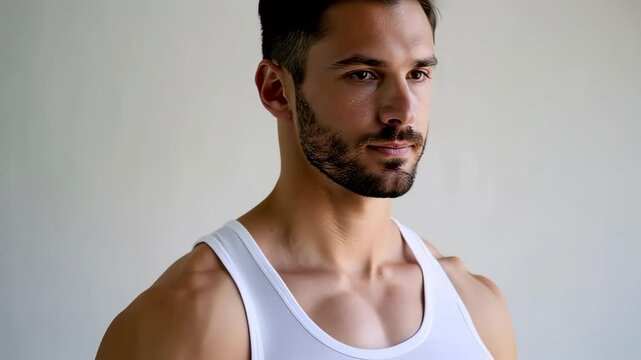 Fit man lifting dumbbells in a bright room, focused on strength training, showcasing fitness