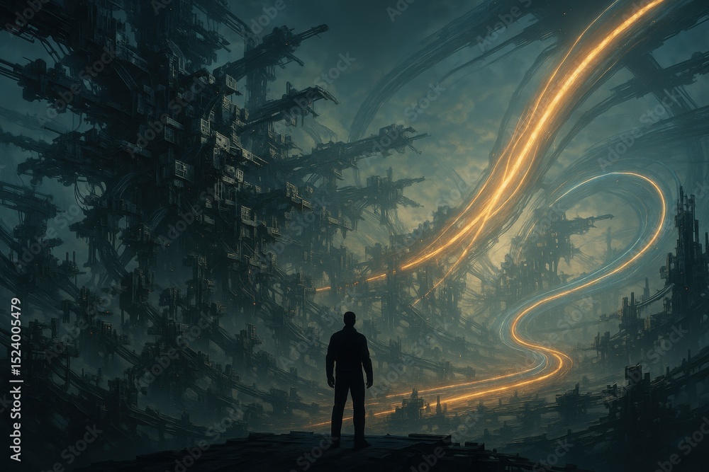Poster exploring the arrival of technological singularity through a futuristic landscape with glowing pathw