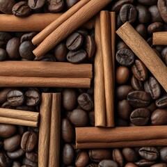 Coffee Beans and Cinnamon Sticks Pattern Background