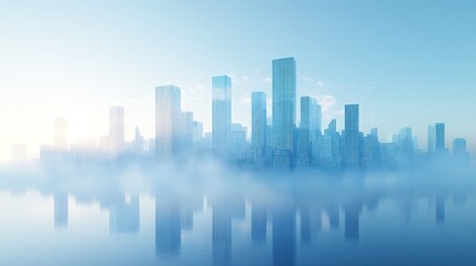 Naklejka premium Misty city skyline reflected in water, sunrise view, urban landscape