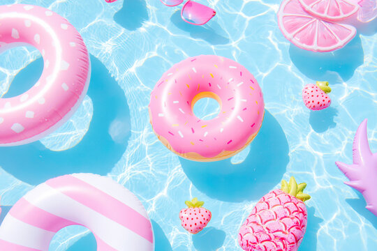 Summer pool party scene with colorful floaties and accessories