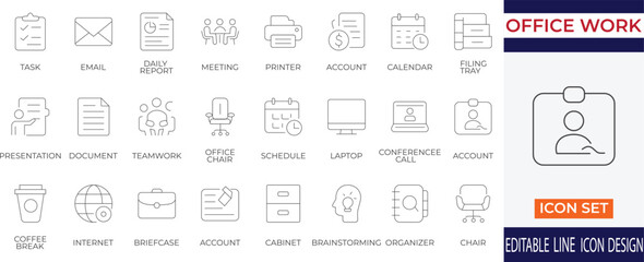 A clean and professional line icon set representing essential elements of office work and productivity. Perfect for presentations, business websites, mobile apps, and remote work interfaces.
