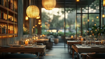 Modern Restaurant Interior, Evening, City View, Dining