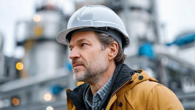 Diligent Engineer: An experienced engineer, adorned in a hard hat and protective gear, surveys the industrial landscape with a look of focused determination. It is a visual ode to dedication.