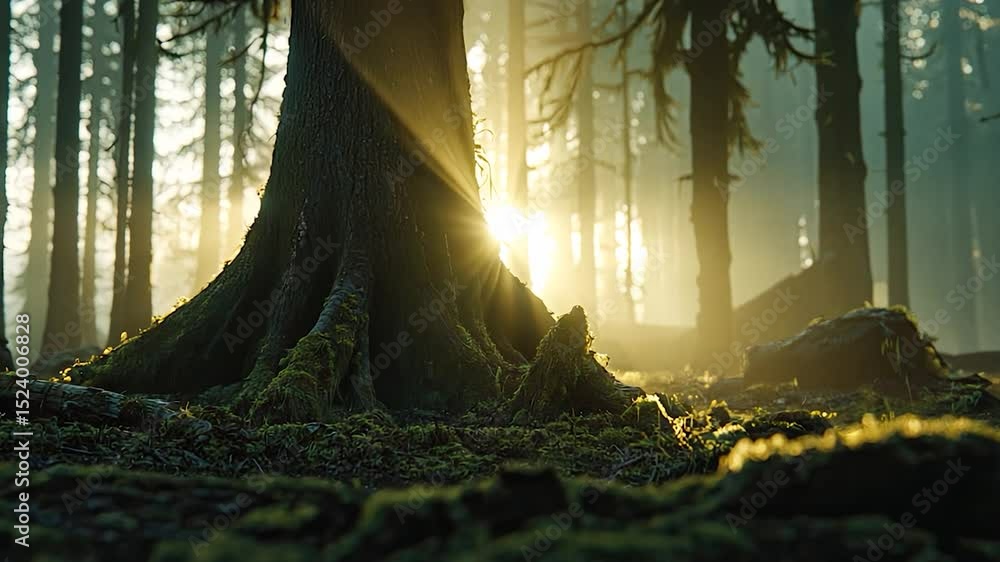 Poster sunlight filtering through a mossy forest floor
