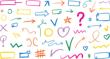 Colorful Hand-Drawn Marker Doodles and Arrows – Sketch Style Vector Elements Including Highlights, Scribbles, Shapes, and Decorative Symbols