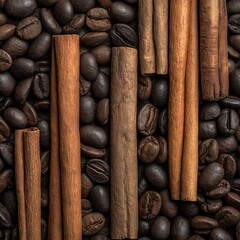 Coffee Beans and Cinnamon Sticks Pattern Background