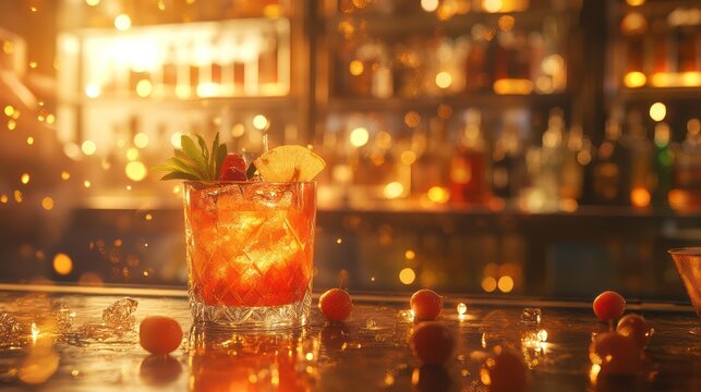 Sparkling cocktail on bar counter in warm lighting