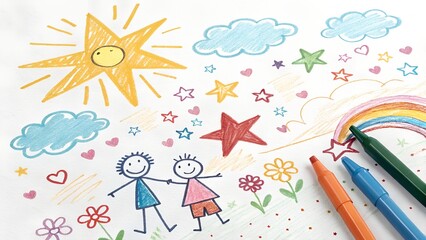 Colorido dibujo infantil de sol, estrellas y figuras de palitos sonrientes