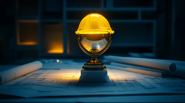 Golden Globe Award With Construction Safety Helmet On Architectural Plans