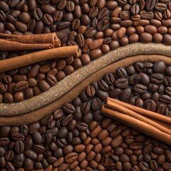 Coffee Beans and Cinnamon Sticks Pattern Background