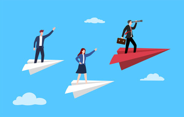 businessman flying on a paper airplane and looking through a telescope, business people flying on paper planes