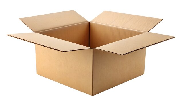 Caja de cart&oacute;n vac&iacute;a con solapas abiertas sobre fondo blanco