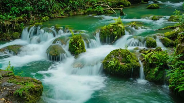Beautiful mini waterfall and green plants forest around , 4K video.