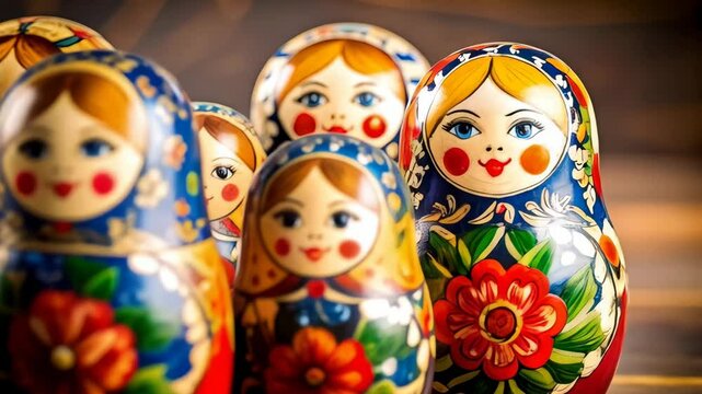Colorful nesting dolls stand in a group, each with floral patterns and smiling faces, showcasing traditional folk art and craftsmanship on a wood background.