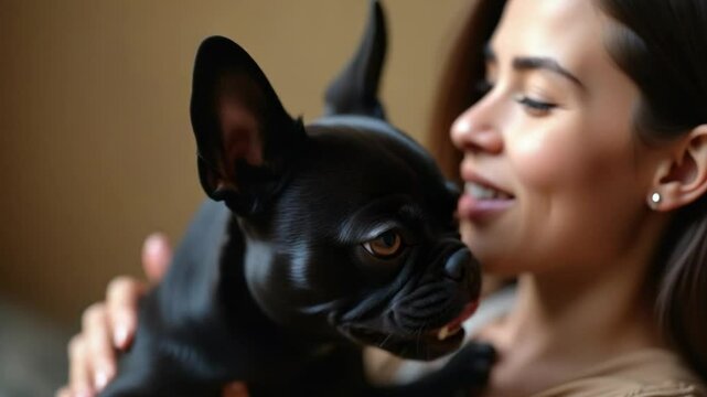 Young Woman Affectionately Kissing Her French Bulldog