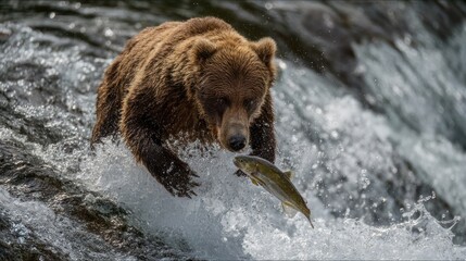 Obraz premium Bear catching salmon in river