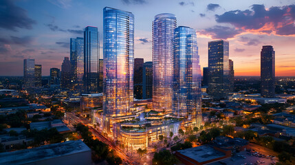 Obraz premium Aerial View Of Modern City Skyline At Sunset