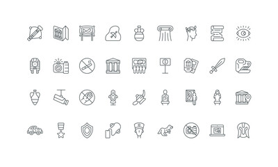 Sculptures of Greece and Rome, ancient helmet and vase, dinosaur skull thin black symbols vector illustration. Museum, art gallery and history heritage, culture exhibition line icon set.