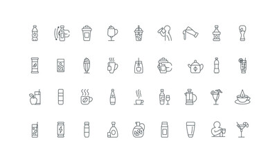 Hot coffee and chocolate, wine and whiskey bottle, milk package thin black symbols vector illustration. Drink menu, alcohol cocktail, glass of fresh juice, soda water, milkshake line icon set.