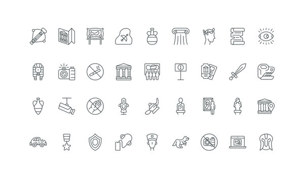 Sculptures of Greece and Rome, ancient helmet and vase, dinosaur skull thin black symbols vector illustration. Museum, art gallery and history heritage, culture exhibition line icon set.