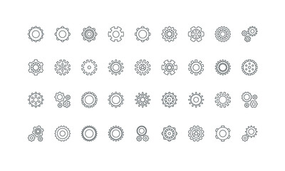 Fototapeta premium Gearwheel, metal wheels in group thin black symbols vector illustration. Gears and cogwheels of engine, factory mechanism part and settings, workshop and business work progress line icon set.