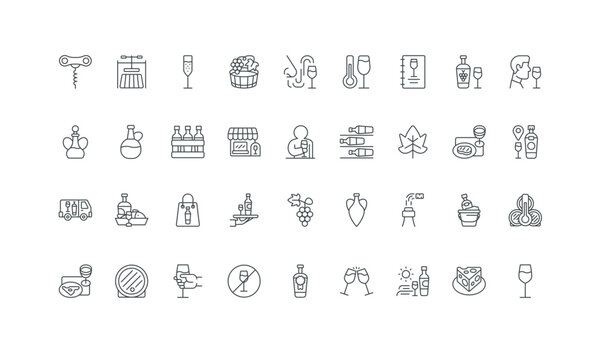 Cellar temperature, fermentation and press, grape wine making thin black symbols vector illustration. Wine, winery, menu list with glass and bottle of alcohol to taste, barrel line icon set.