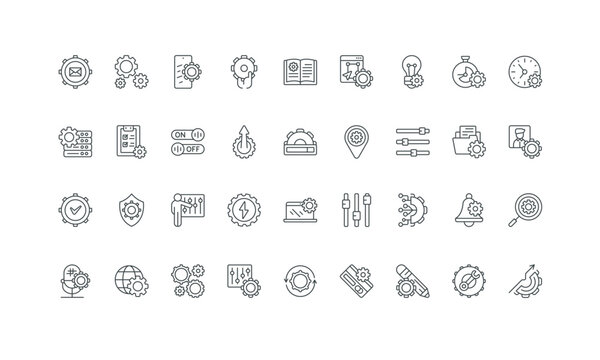 Digital product tech maintenance and repair, gears thin black symbols vector illustration. Settings to install, update and upgrade system status, app or software, hardware line icon set.
