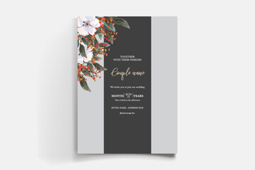 WEDDING INVITATION FRAME WITH FLOWER DECORATIONS AND FRESH LEAVES