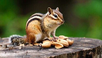 Obraz premium Cute chipmunk sitting on wood with a bunch of nuts over green forest background