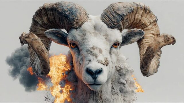 Intense fiery ram portrait showcasing power with flames and smoke on a light background