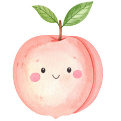 Cute watercolor illustration of smiling peach with leaves, featuring playful expression