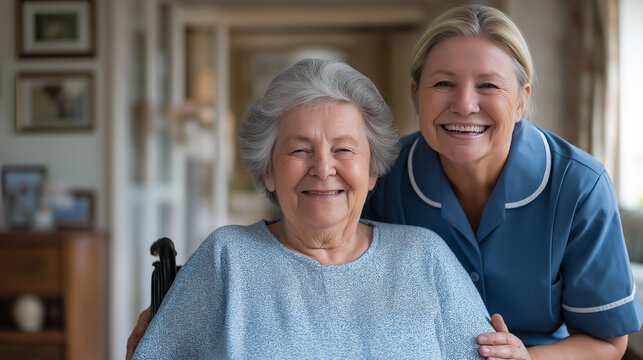 Nurse assisting disabled senior woman in wheelchair at home