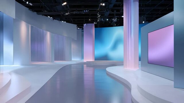 A futuristic TV studio set with soft pastel lighting and modern curved structures, featuring large display screens and polished floors.