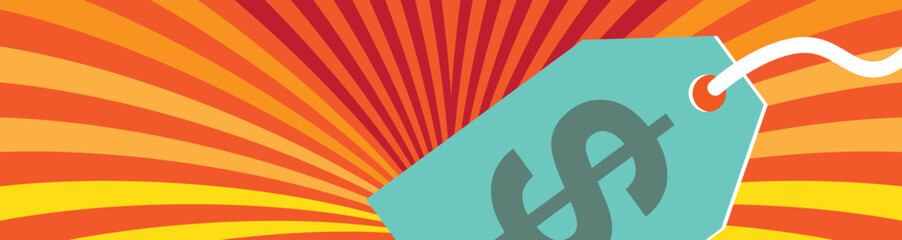 Dollar price tag on multicolored banner representing sales and discounts